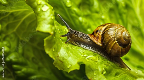 Obraz Snail on Green Leaf