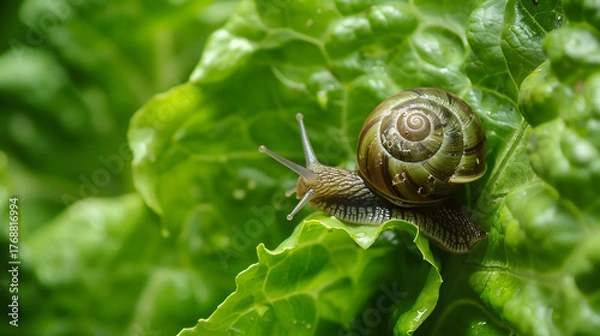 Obraz Snail on Green Leaf