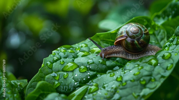 Obraz Snail on a dewy leaf