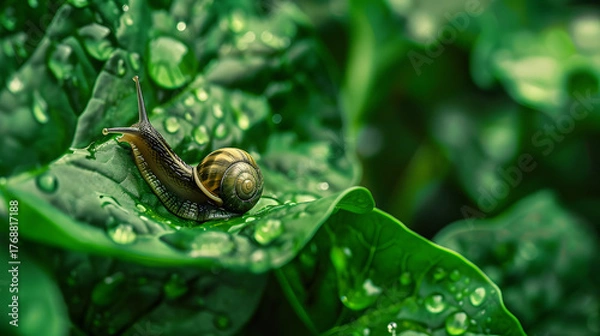 Obraz Snail on a dewy leaf