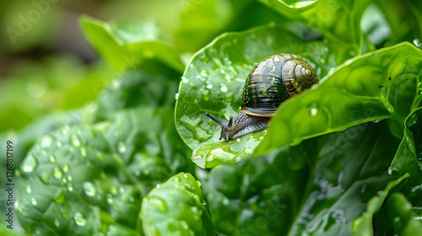 Obraz Snail on leaf with water droplets