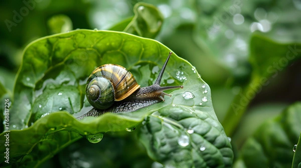 Obraz Snail on a Wet Leaf