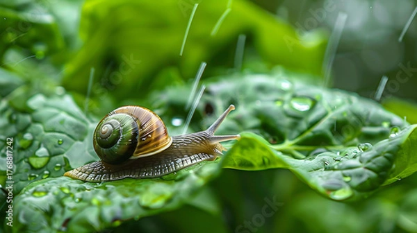 Obraz Snail on wet leaf in rain