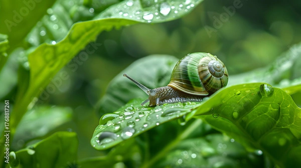 Obraz Snail on a leaf with water droplets
