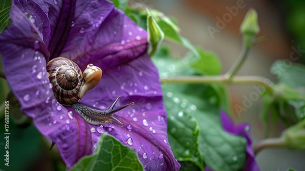 Obraz Snail on purple flower with water droplets