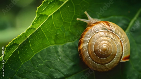 Obraz Snail on a green leaf