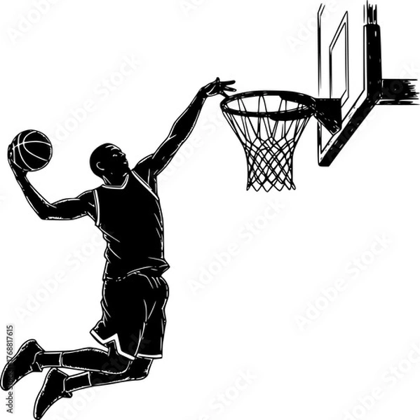 Obraz Sketch silhouette of a basketball player dunking the ball isolated on a white background
