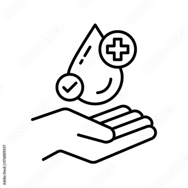 Fototapeta Set dermatologically tested vector label with water drop, leaf and hand logo. Dermatology test symbol, dermatologist badge, clinically proven icon for allergy free and healthy safe product package tag