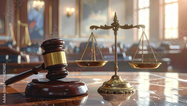 Fototapeta Justice scale and wooden gavel on polished table in courtroom with sunlight creating warm and serious atmosphere for legal proceedings and law enforcement