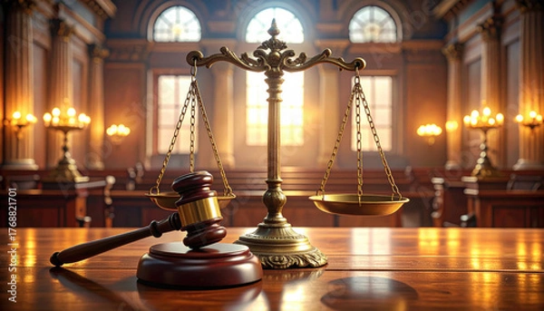 Fototapeta Justice scale and wooden gavel on polished table in courtroom with warm lighting and classic architecture, symbolizing law, fairness, and legal authority