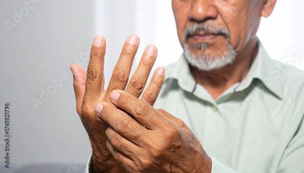 Fototapeta Elderly man hand pain arthritis discomfort healthcare concept