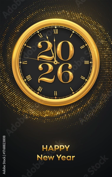 Obraz Happy New Year 2026. Golden New Year countdown clock with numbers 2026 inside. Festive background with gold shimmer halftone effect. New Year greeting card or party invitation. Vector illustration.