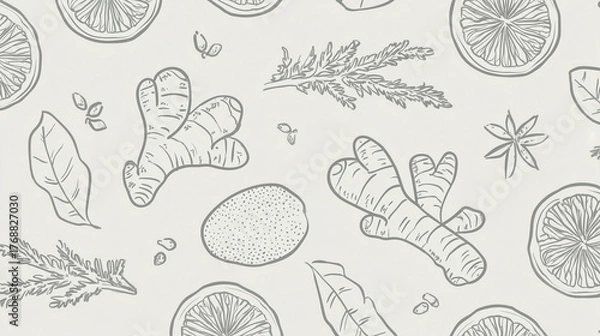 Obraz Seamless minimal lineart of herbal cups ginger root citrus slice leaf star anise and herb sprigs, perfect for kitchen decor or tea packaging, with calm and natural vibe