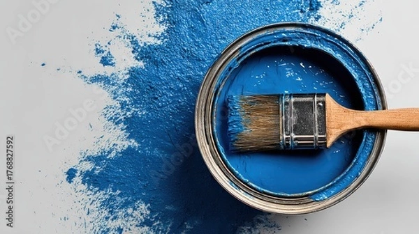 Fototapeta Overhead shot of blue paint can, brush, and splatters on a gray surface. Perfect for home improvement, creative projects, and painting service ads.