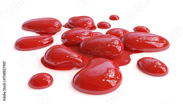 Fototapeta Red Paint Splatter on White Background, Glossy and Viscous.