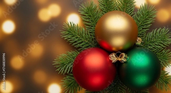 Obraz Festive arrangement of gold red and green Christmas ornaments nestled among vibrant evergreen boughs against a blurred background