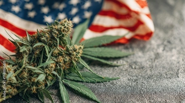 Fototapeta Cannabis flower and leaves with American flag in background symbolizing legalization and patriotism within the marijuana industry