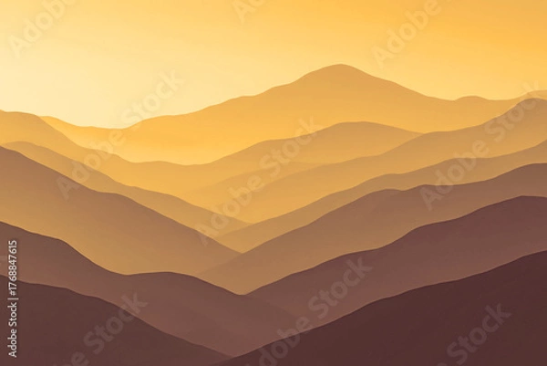 Fototapeta mountains in the morning - Layered Mountain Landscape in Warm Tones—Stylized Scene with Purple, Orange, and Yellow Gradients Representing Depth, Serenity, and Atmospheric Beauty at Sunrise or Sunset