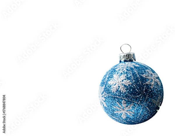 Fototapeta A blue ornament with frosty white snowflake decals against a black background, positioned in the bottom right corner