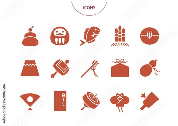 Obraz 正月 縁起物　アイコン ピクトグラム　ベクター イラスト　セット