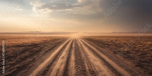 Fototapeta A dirt road in a field with a cloudy sky