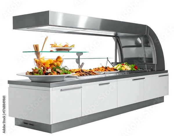 Fototapeta A buffet display featuring various food items arranged on a stainless steel and white cabinet structure