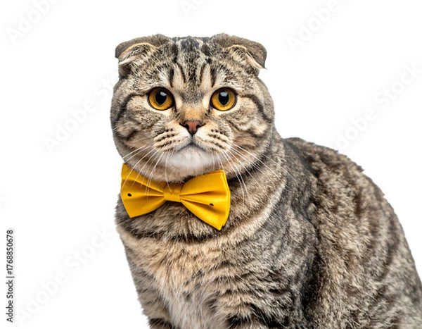 Fototapeta A brown tabby Scottish Fold cat wearing a yellow bowtie poses against a black background