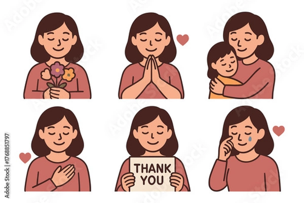 Fototapeta Six cartoon illustrations of a hispanic female character expressing gratitude with flowers, a hug, a thank you sign, and heart gestures.