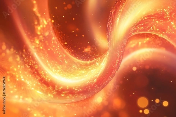 Fototapeta Dynamic Flowing Lines with Golden Sparkles on a Warm Orange Gradient Background