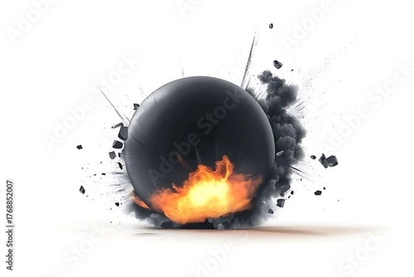 Fototapeta Exploding Dark Sphere with Fire, Smoke, and Debris on White Background. Isolated Object