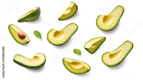 Fototapeta Fresh Avocado Slices with Leaves on White Background, Ripe, and Healthy