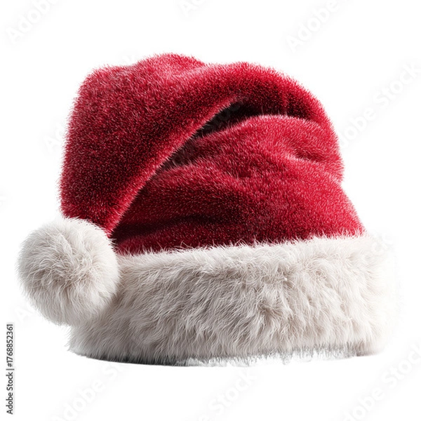 Fototapeta 白い毛皮のトリムが付いた赤いサンタクロースの帽子が単体で分離されています | Red Santa Claus hat with white fur trim, isolated on transparent background