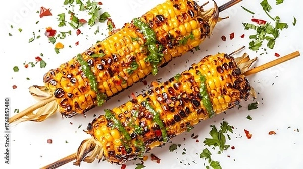 Fototapeta Grilled Corn on Skewers Drizzled with Green Sauce and Herbs on White Background