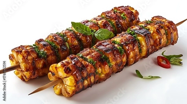 Fototapeta Grilled Corn Skewers with Glaze, Basil, and Chili on White Background; Delicious Meal