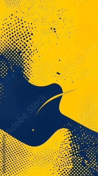 Fototapeta Halftone Patterned Design With Navy Blue Shape and Yellow Background Artwork