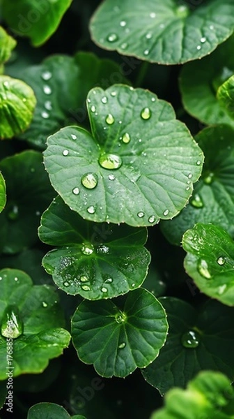 Fototapeta Lush Green Gotu Kola Leaves Adorned with Sparkling Water Droplets after Rain