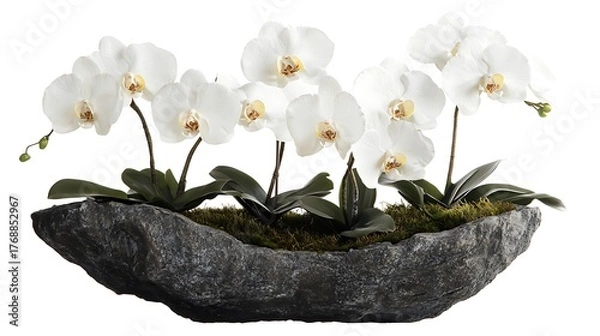 Fototapeta Phalaenopsis Orchids in Rock Planter with Moss Against White Background Beauty
