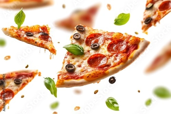 Fototapeta Pizza Slices with Pepperoni and Olives Falling on a White Background Fresh Basil