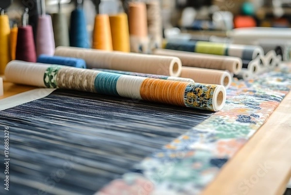 Fototapeta Textile Rolls with Colorful Threads, Handwoven Fabric and Craft Supplies in Studio