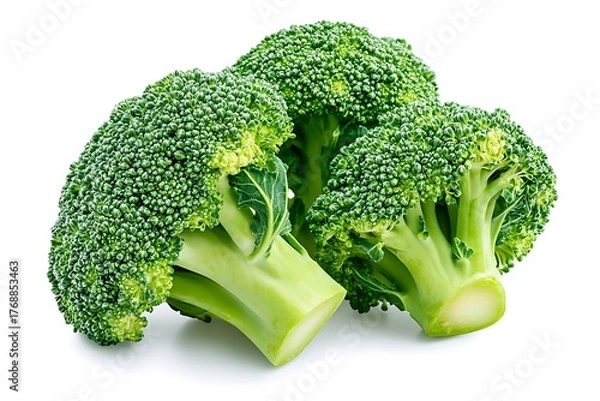 Fototapeta Three Fresh Green Broccoli Florets Grouped on White Background Ready For Cooking