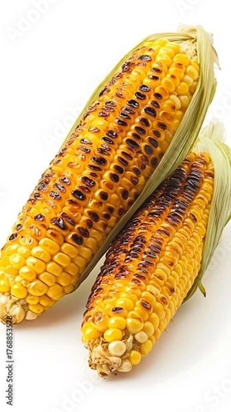 Fototapeta Two Grilled Corn on the Cob with Husks and Char Marks on White Background