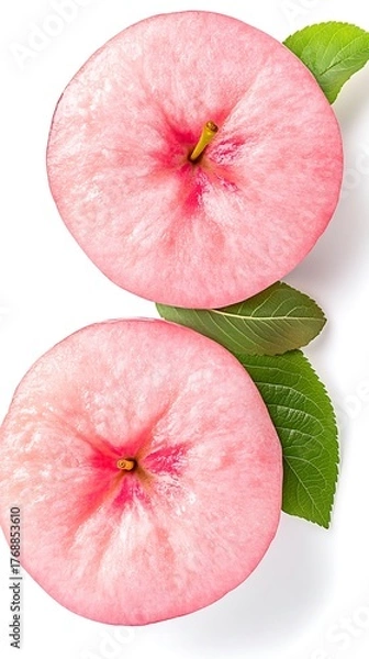 Fototapeta Two Pink Apple Halves with Green Leaves on a White Background Close Up View