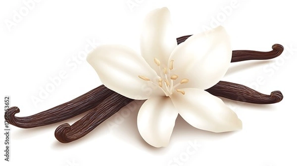 Fototapeta Vanilla Bean Flower with Pods Aroma and Flavor on White Background Close Up
