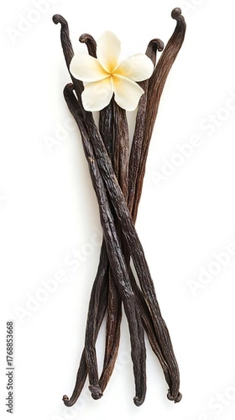 Fototapeta Vanilla Beans Bunch with Frangipani Flower on a White Background, Culinary Delight