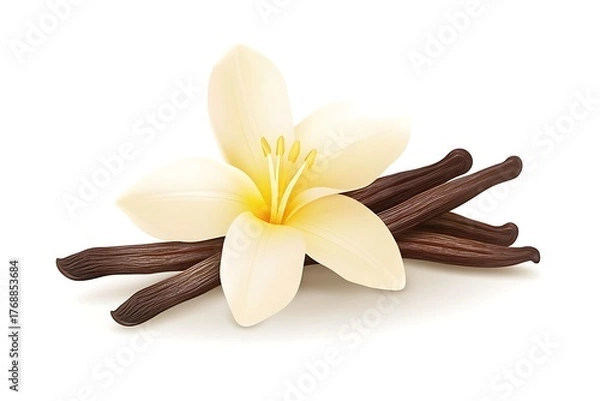 Fototapeta Vanilla Flower Blossom with Brown Pods Arrangement Isolated on White Background