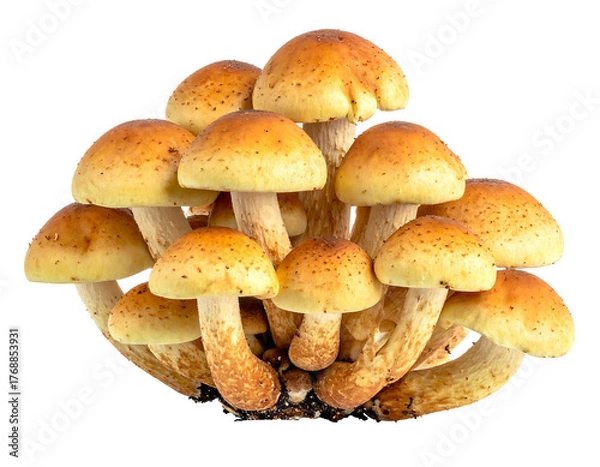 Fototapeta A cluster of golden-brown mushrooms with speckled caps and slender stems, against a solid black background
