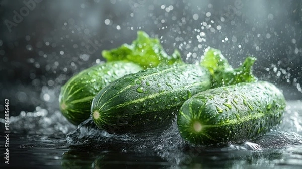 Obraz Fresh cucumbers splashing in water. Kitchen still life.  Possible use Food photography