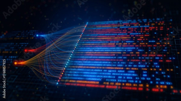 Obraz Big data binary code flow with vibrant colors visualizing machine learning, Quantum computing, Digital data networks, and data processing in a digital environment. 3d rendering