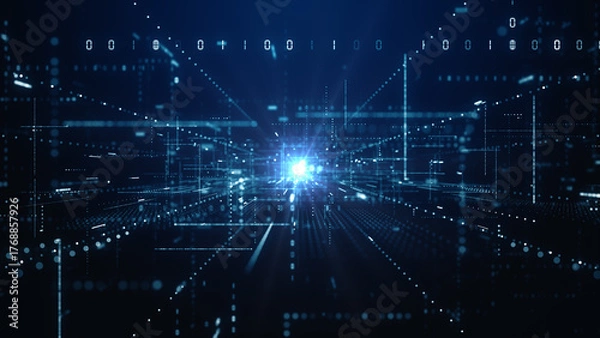 Obraz Abstract futuristic digital data network with glowing blue light and virtual grid, perfect for tech, AI, and cybersecurity themes. Technology digital data background 3d rendering