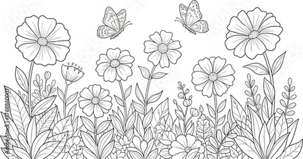 Fototapeta Enchanting floral garden coloring page with delicate butterflies, perfect for relaxation and creative expression, inspire whimsical art projects today